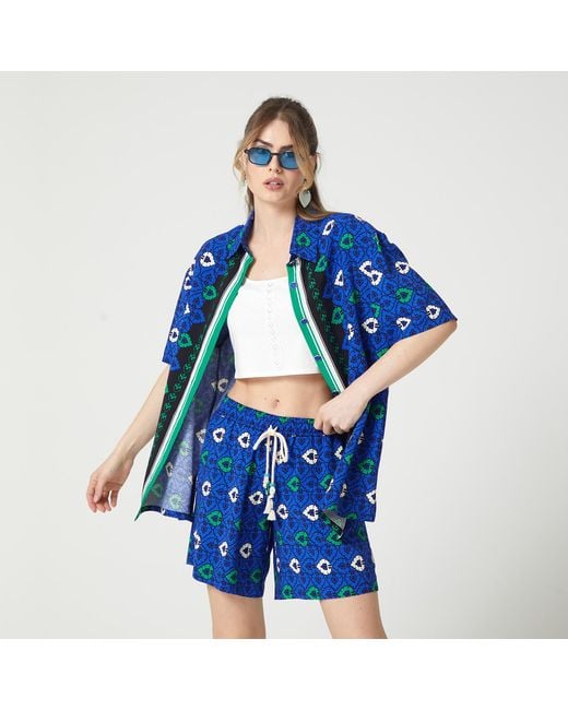 Lalipop Design Blue Abstract Print Viscose Short Sleeves Shirt & Crop Top Set
