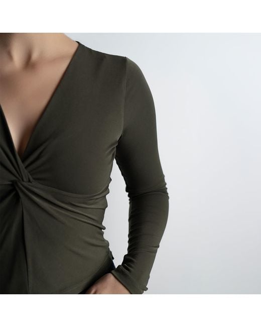Maan Istanbul Green V-Neck Knot Detail Khaki Blouse
