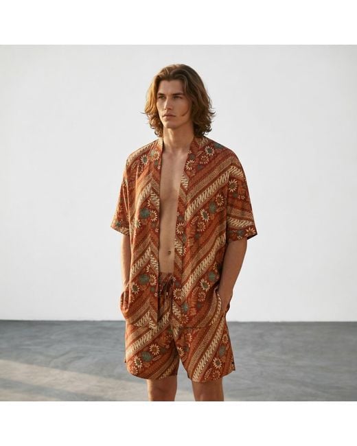 ORIGIN OF HEARTS Brown Neutrals Imai Contemporary Satin Kimono Co-Ord for men