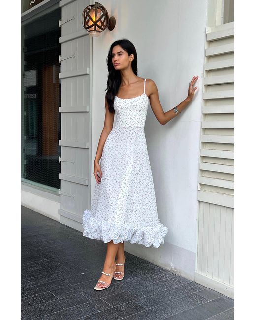 POST MERIDIEM White Floral Flounce Bustier Midi Dress