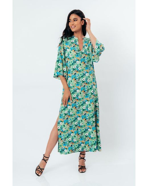 Conquista Green Floral Kaftan Style Maxi Dress