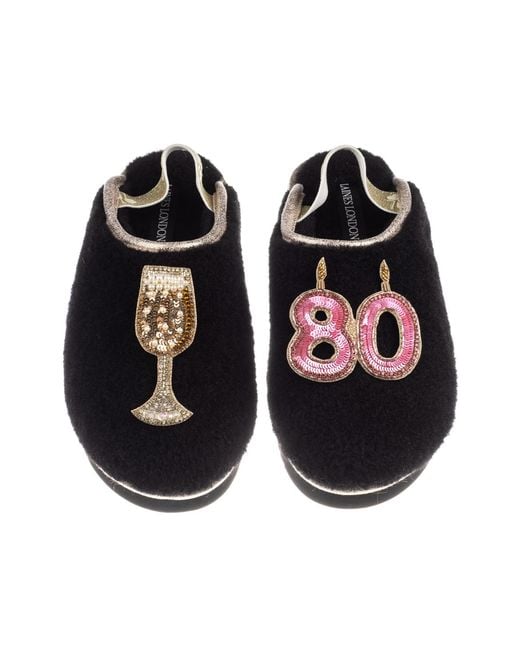 Laines London Black Flatform Cloud Closed Toe Slippers With 80Th Birthday & Champagne Glass Brooches