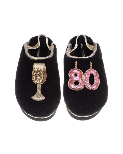 Laines London Women's Black Flatform Cloud Slippers With 80Th Birthday & Champagne Glass Brooches