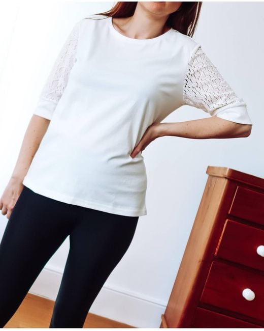 Sophie Cameron Davies White Ivory Lace Sleeve Cotton T-Shirt
