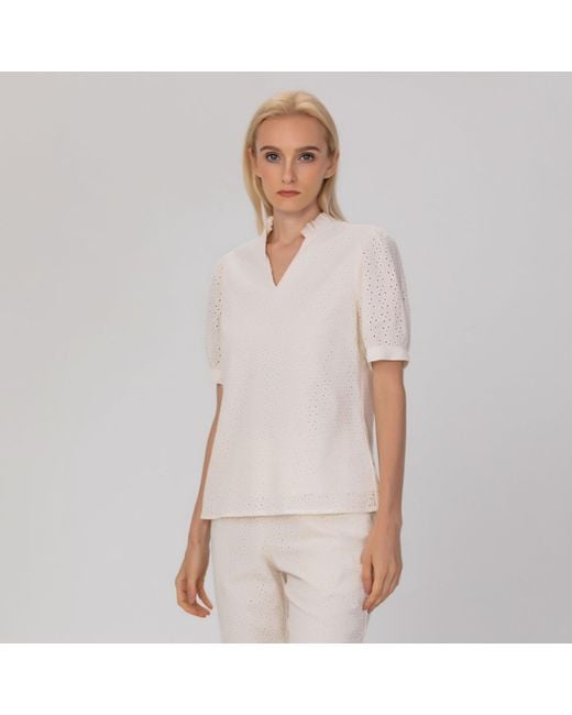 Smart and Joy White Neutrals Eyelet Cotton Lace Loose Blouse -Cream