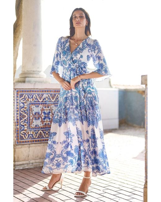 Yumi' Blue Paisley Wrap Maxi Dress