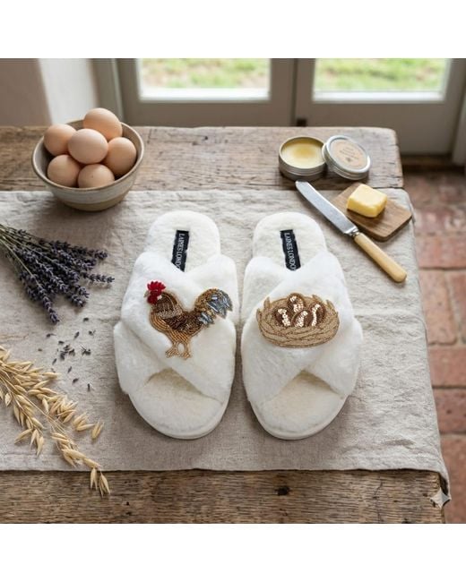 Laines London White Neutrals Classic Laines Slippers With Rooster & Nest Of Eggs Brooches