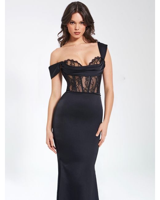 Miss Circle New York Black Callista Satin Lace Corset Maxi Dress