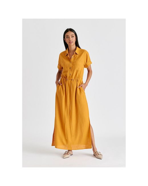 Paisie Yellow Linen Blend Shirt Dress With Stitch Details