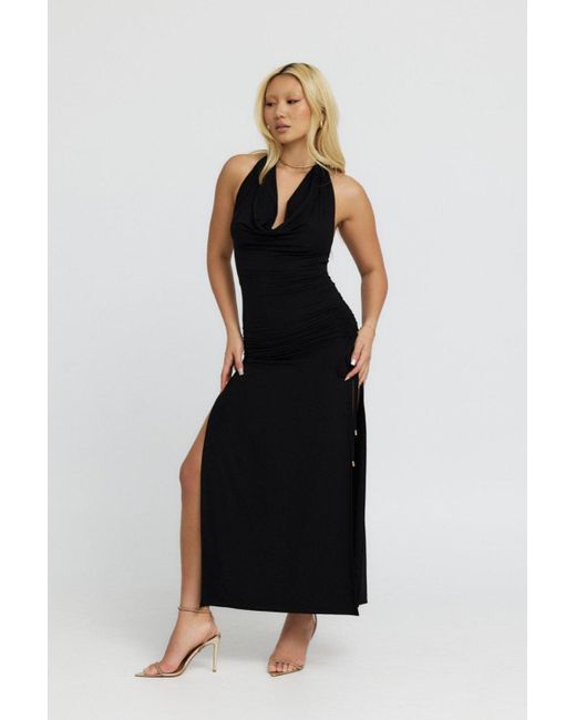 Why Mary Black Venus Cowl Neck Halter Bamboo Jersey Maxi Dress