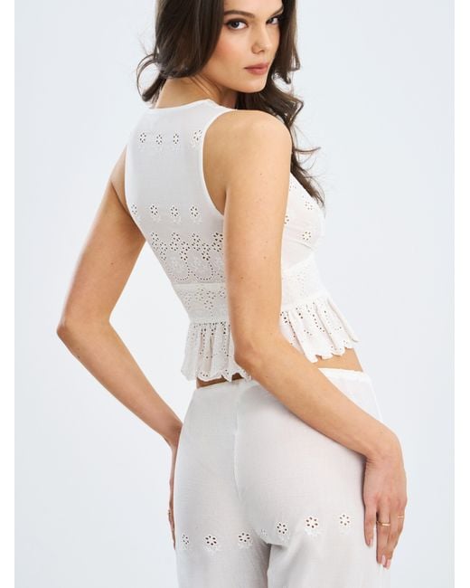 Miss Circle New York White Raia Eyelet Wave Trim Crop Vest Top