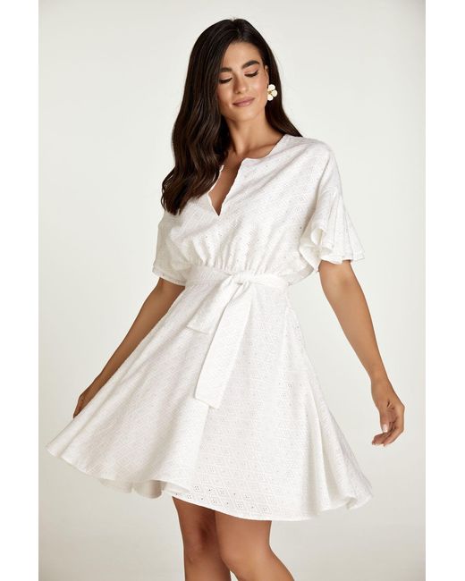 Conquista White Embroidered Dress With Ruffle Sleeves