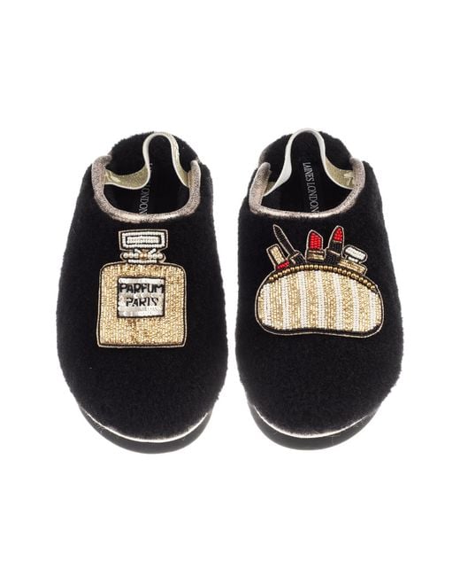 Laines London Black Flatform Cloud Closed Toe Slippers With Beauty Queen Brooches