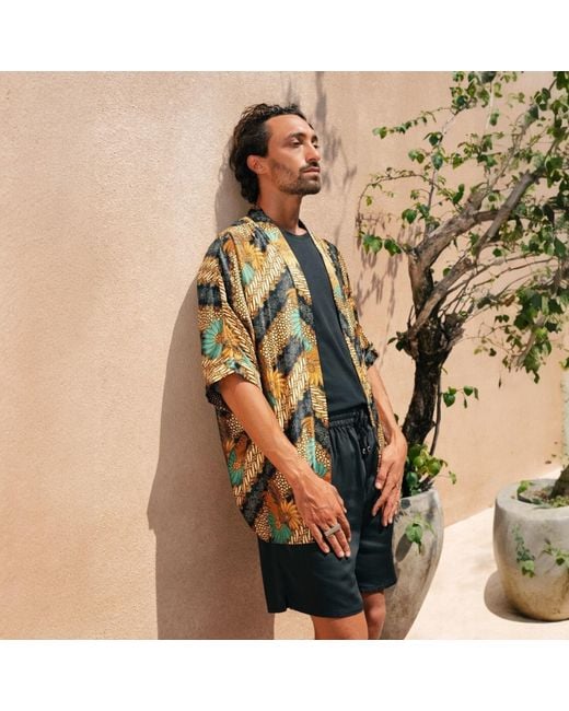 ORIGIN OF HEARTS Green Neutrals Nassau Resort Satin Kimono Shirt for men