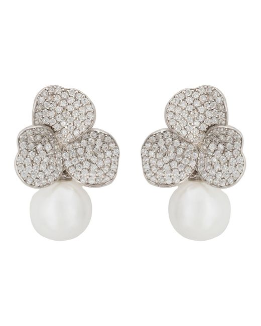 Latelita London Metallic Iris Flower And Pearl Dangle Earrings