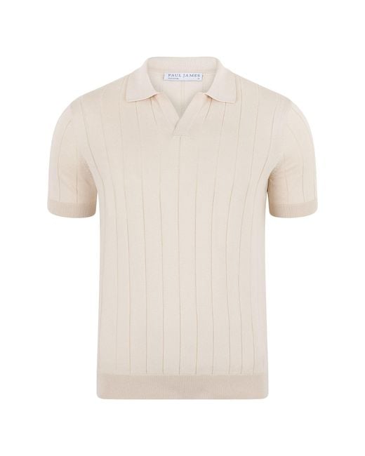 Paul James Knitwear Natural Neutrals Ultra Fine Cotton Riley Selection Knit Buttonless Polo Shirt for men