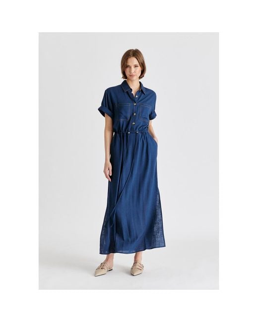 Paisie Blue Linen Blend Shirt Dress With Stitch Details