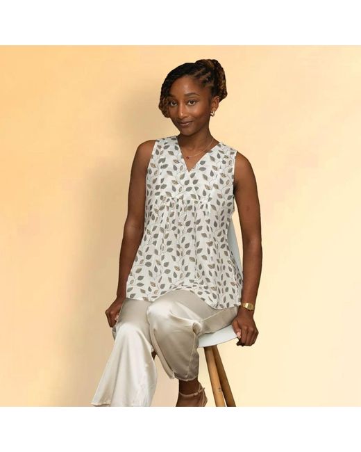 House of Gl Natural Neutrals Nira Cotton Sleeveless V-Neck Blouse With Leaf Print