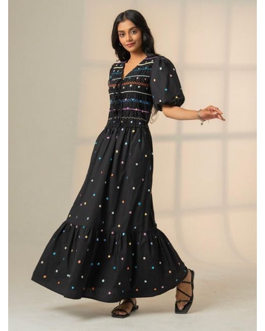 Rose & Nancy Black Eddie Multi Embroidered Smocked Maxi Dress