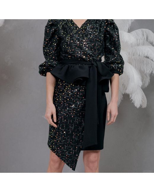 concept A trois Black Sequin Top With Puff Sleeves