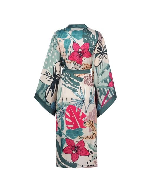 LOVEIST STORE Blue Del Rey Tropical Leopard Silky Satin Printed Kimono