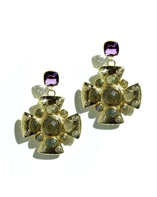 Edgar Navarro Jewelry Green Navarro Labradorite Cross Earrings With Amethyst Stud Base