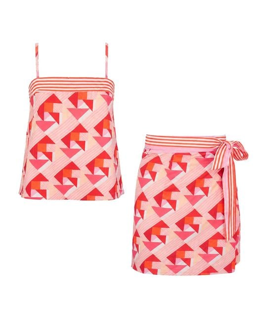 LOVEIST STORE Red Coral Printed Camisole & Wrap Skirt Co-Ord Set