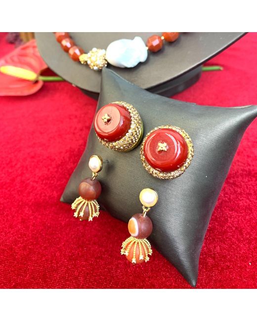 Farra Red Matte Finish Agate Dangle With Pearl Stud Earrings