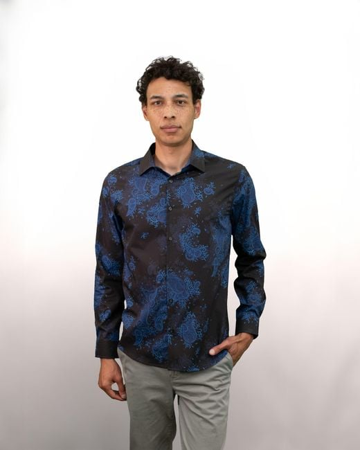 Lords of Harlech Blue Stretch Cotton Poplin Floral Dress Shirt for men