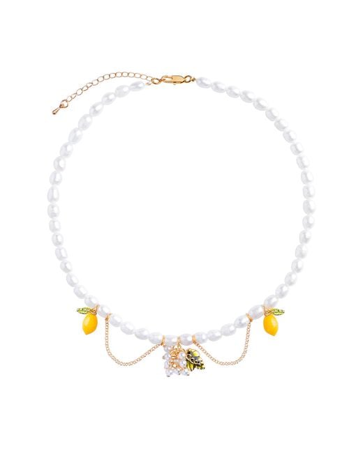 My Little Nature Metallic Handmade Pearl Necklace With Lemon And Flower Charms