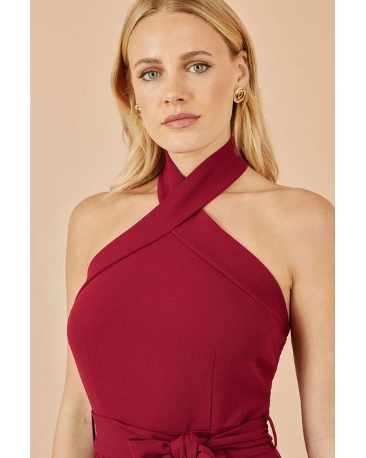 Yumi' Red Burgundy Cross Over Halter Neck Jumpsuit