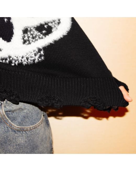 X Ilona Blue Black Legacy Logo Cotton Distressed Fuzzy Knit Raw Cut Sweater