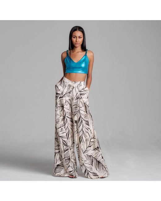 Imaatu Natural Neutrals Sande Palms Butter Sustainable Viscose High-Waist Wide-Leg Palazzo Trousers With Pockets Tropical Print