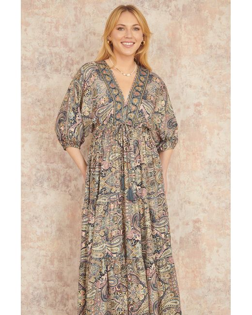 Yumi' Gray Multicolour Paisley Print Midi Kimono Dress With Tie Back