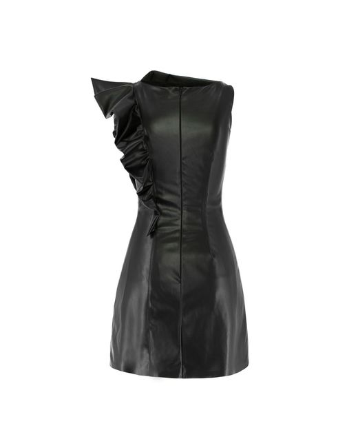 AVENUE No.29 Black Eco Leather Asymmetrical Mini Dress With Ruffle