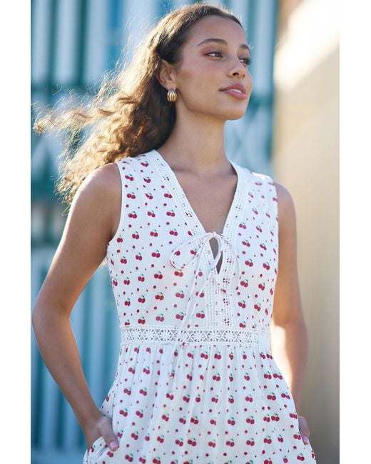Yumi' White Cherry Print Lace Trim Cotton Midi Dress