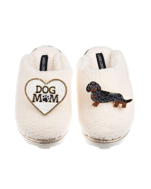 Laines London White Neutrals Teddy Closed Toe Slippers With Dog Mum/Mom & Dapple Dachshund Brooches