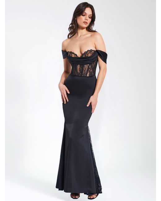 Miss Circle New York Black Callista Satin Lace Corset Maxi Dress