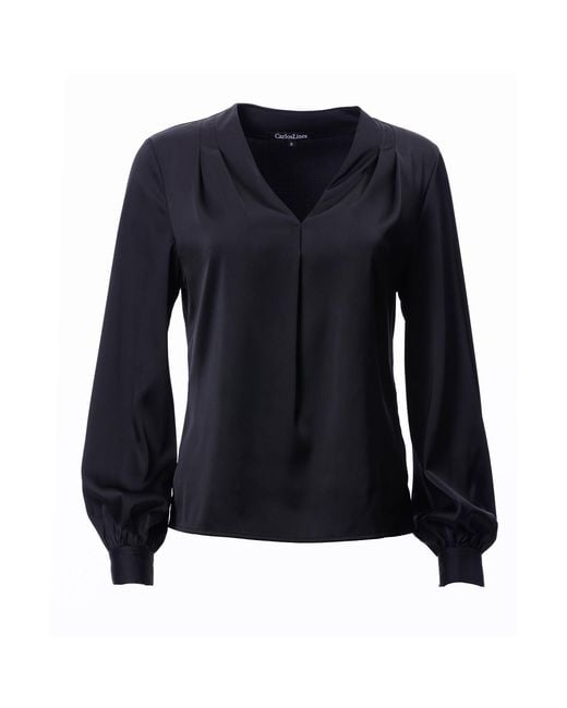 Carloslines Blue V-Neck Pleat Detail Balloon Long Sleeve Blouse