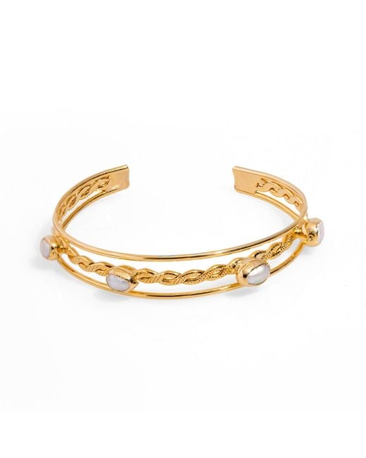 Ebru Jewelry Metallic Pearl Twisted Gold Cuff Bracelet