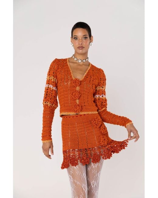 Andreeva Red Chrysanthemum Terracotta Handmade Crochet Mini Skirt