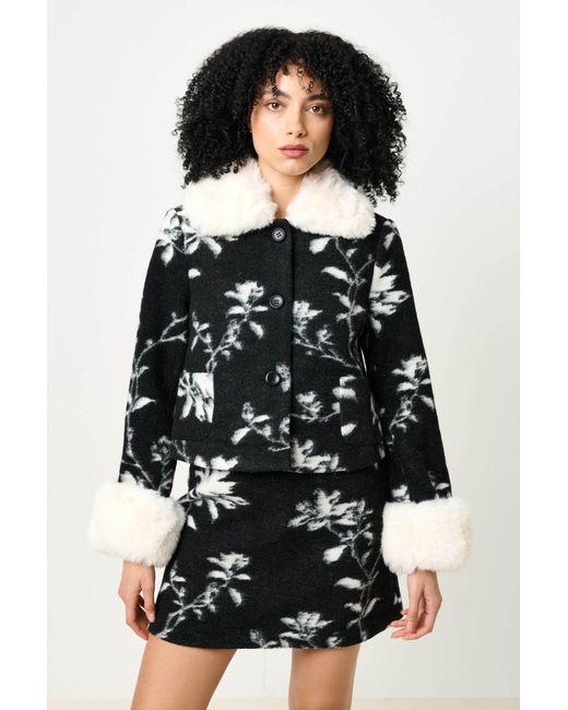Louche Black Kent Power Bloom Fur Collar And Cuff Jacket