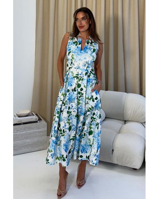 Girl In Mind Blue Ameya Notch Neck Sleeveless Midi Dress Floral