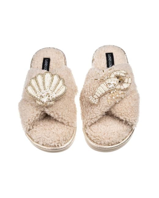 Laines London Natural Neutrals Laines Neutral Boucle Slippers With Pearl Shell & Lobster Brooches