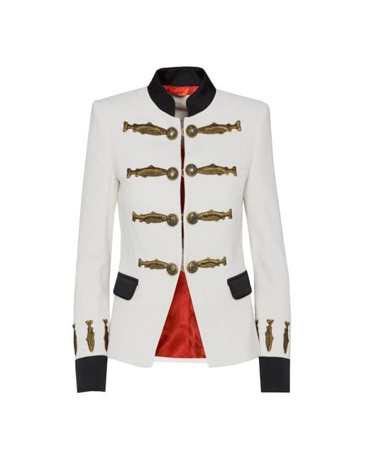 The Extreme Collection White Neutrals Ivory Military Tailored Blazer With Embroidery Nuvola