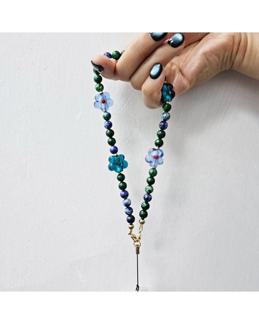 Farra Blue Phoenix Lapis Gemstone With Flowers Phone Semiprecious Stone Strap