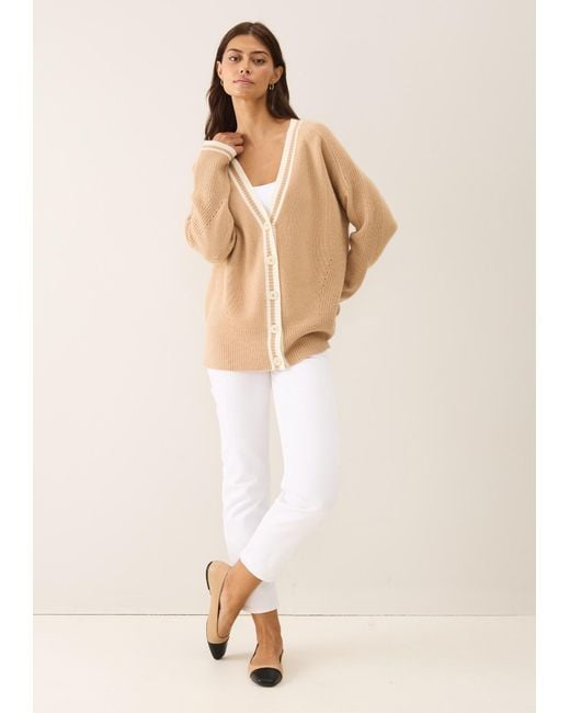 Loop Cashmere Natural Neutrals Striped Tipped V Neck Lofty Cardigan