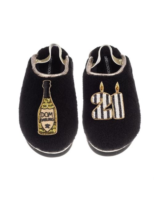 Laines London Black Flatform Cloud Closed Toe Slippers With Stripe 21St Birthday & Dom Darling Brooches