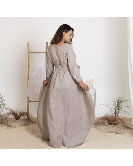 Nikka Place Neutrals Linen Maxi Maternity Dress With Empire Waist Tie And  Long Sleeves in Natural | Lyst