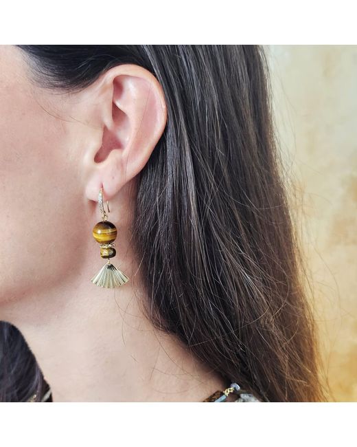 Farra Metallic Elegance Tiger-Eye Stone With Fan Dangle Earrings